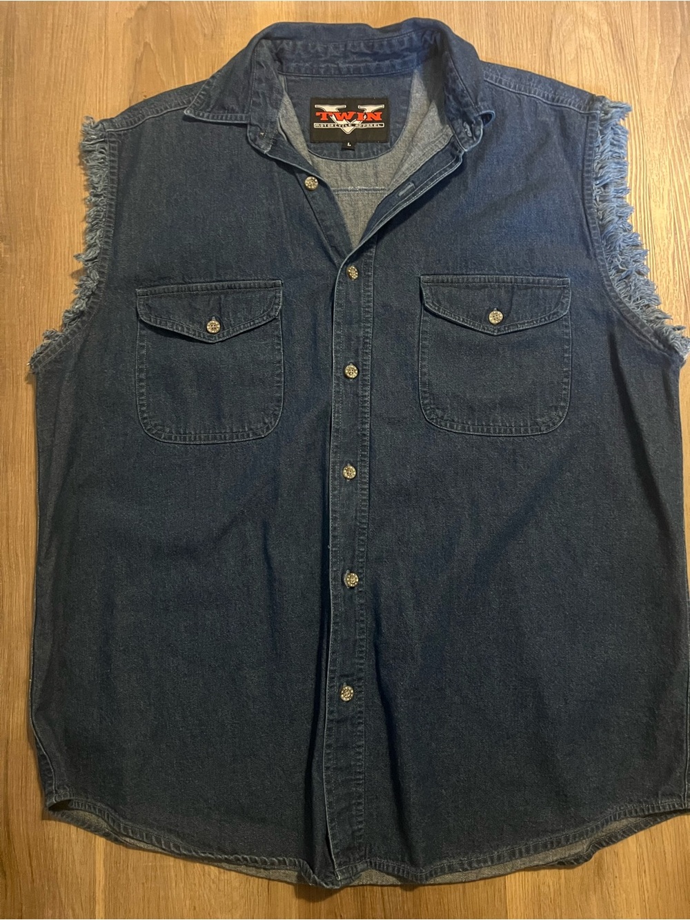 Men's Twin Motorcycle Apparel dark Blue Sleeveless Denim Button Down Sz large